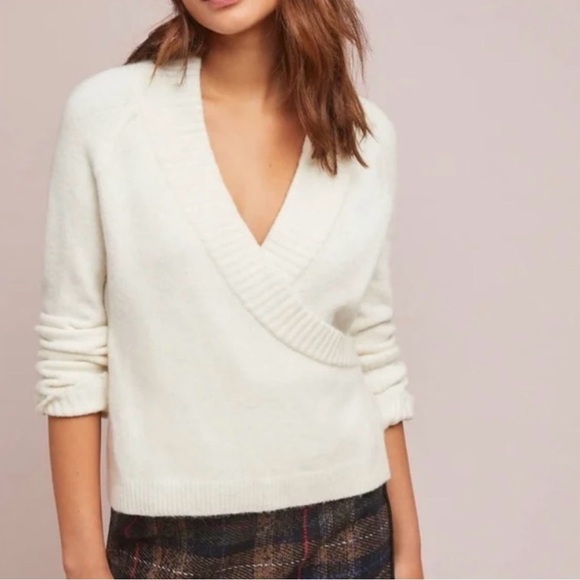 Anthropologie Cream Wrap Sweater M Merino Wool Baby Alpaca Blend - Picture 1 of 10